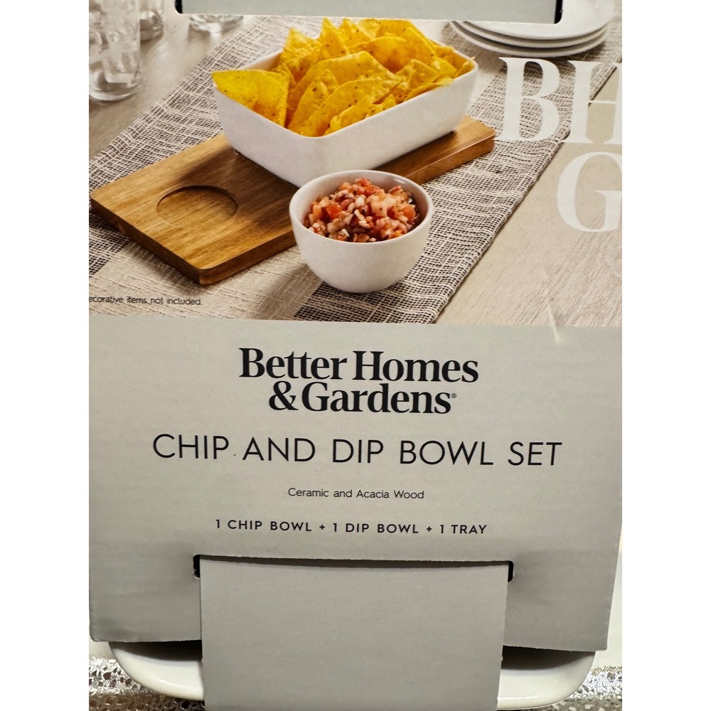 Better Homes & Gardens Chip and Dip Bowl Set Ceramic and Acacia Wood 3 Piece